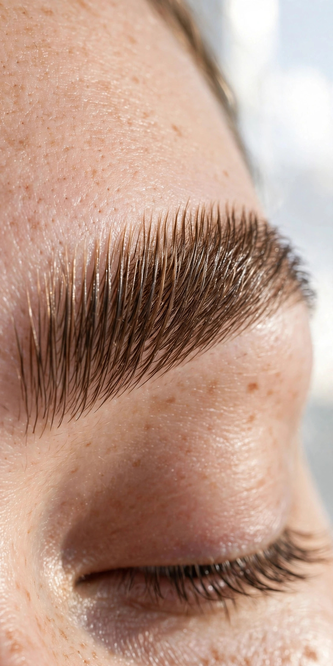 Brow lamination in Newark, CA — fluffy, brushed-up brows set in a full, feathered shape