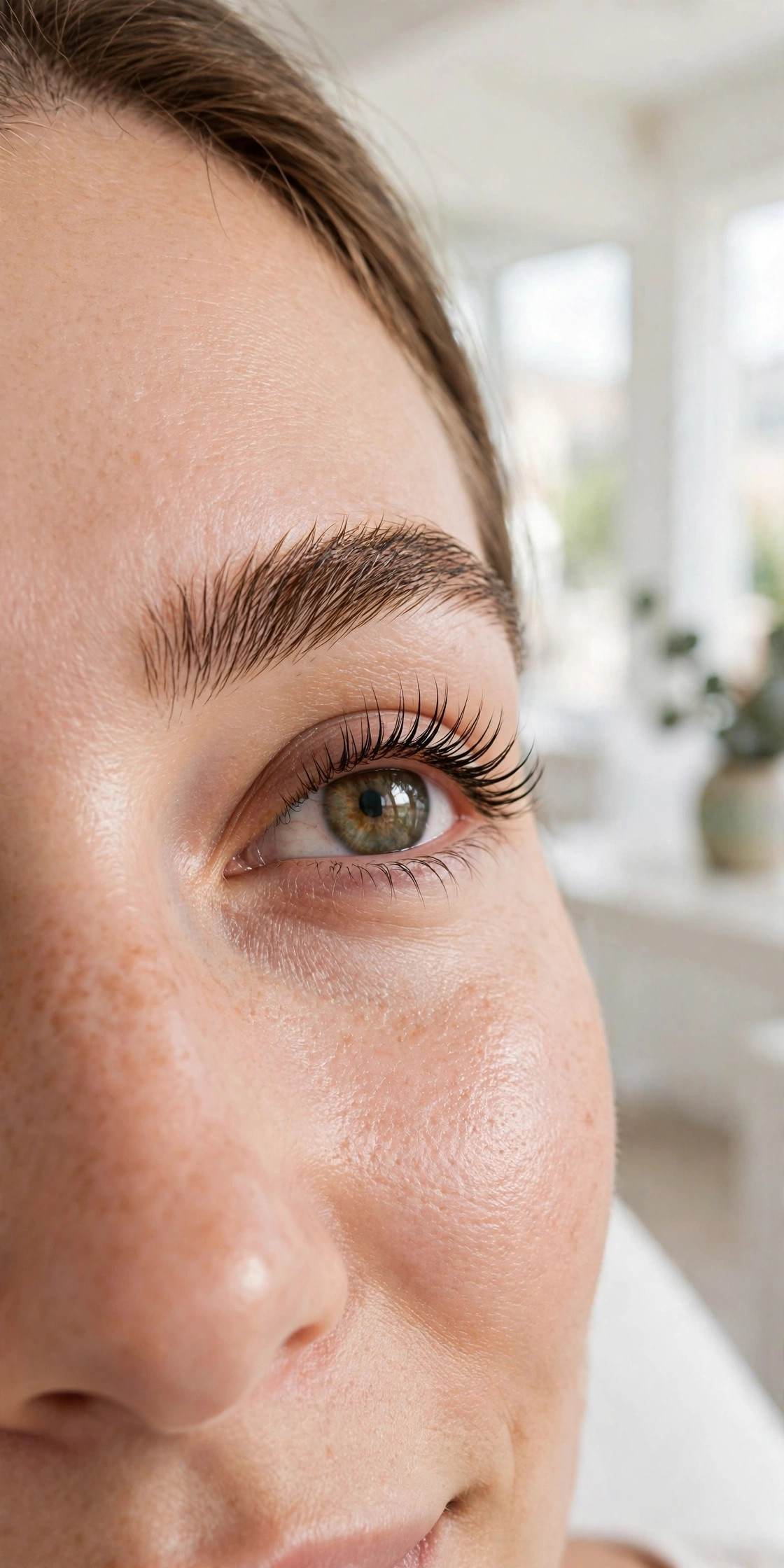 Lash lift and brow lamination in Newark, CA — lifted lashes and groomed, fuller brows in a bright studio